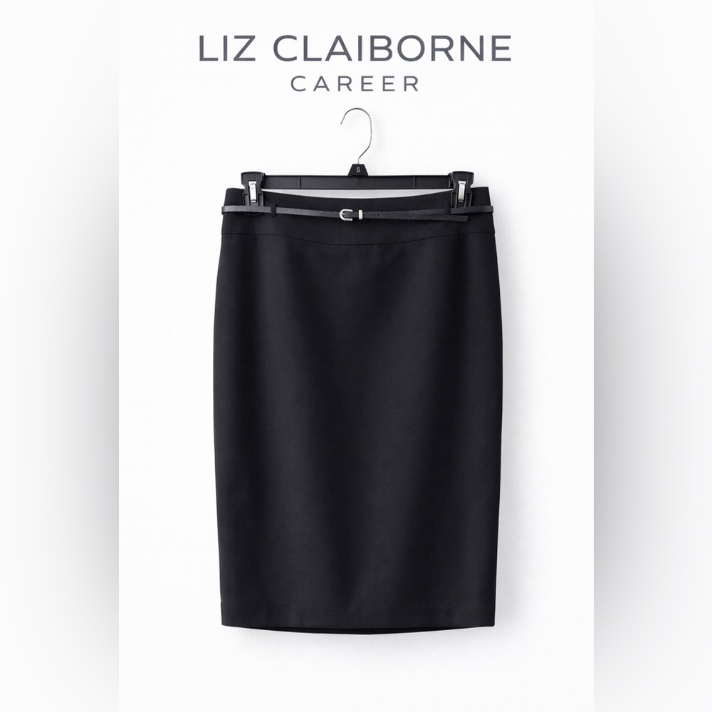 Liz Claiborne Career Black Pencil Skirt Size 4 Classic Office Stretch Belted